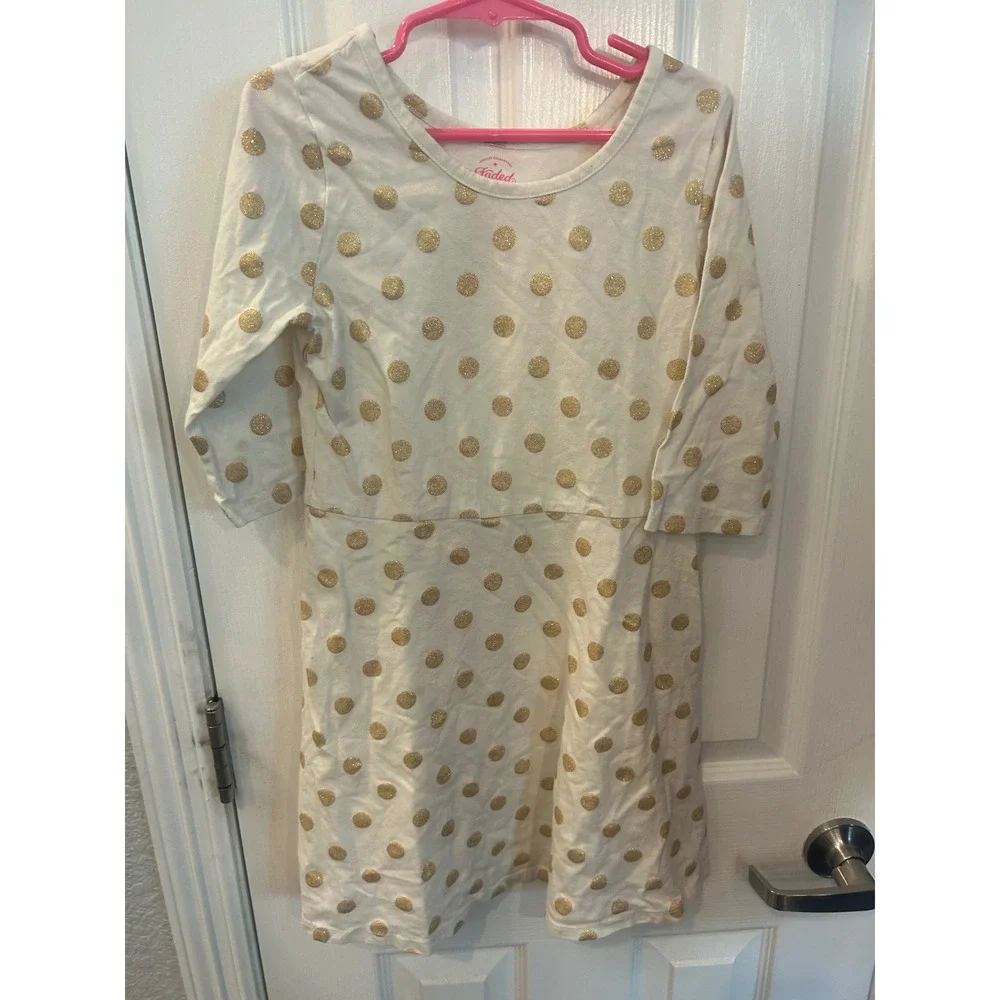 Faded Glory Dress Cream Gold Glitter Polka Dot Cotton Holiday Party Kids M 7-8